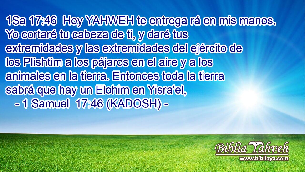  Hoy YAHWEH te entrega rá en mis manos. Yo cortaré tu cabeza de ti, y daré tus extremidades y las extremidades del ejército de los Plishtim a los pájaros en el aire y a los animales en la tierra. Entonces toda la tierra sabrá que hay un Elohim en Yisra'el, 