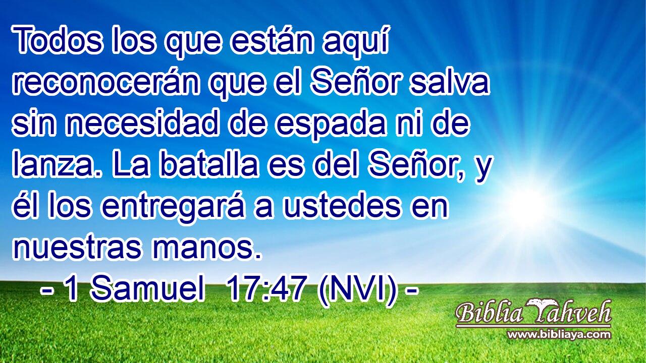  Todos los que están aquí reconocerán que el Señor salva sin necesidad de espada ni de lanza. La batalla es del Señor, y él los entregará a ustedes en nuestras manos. 