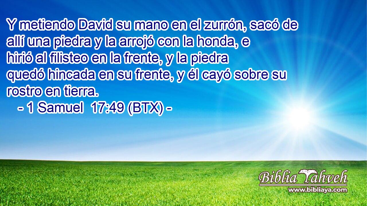 Y metiendo David su mano en el zurrón, sacó de allí una piedra y la arrojó con la honda, e hirió al filisteo en la frente, y la piedra quedó hincada en su frente, y él cayó sobre su rostro en tierra.