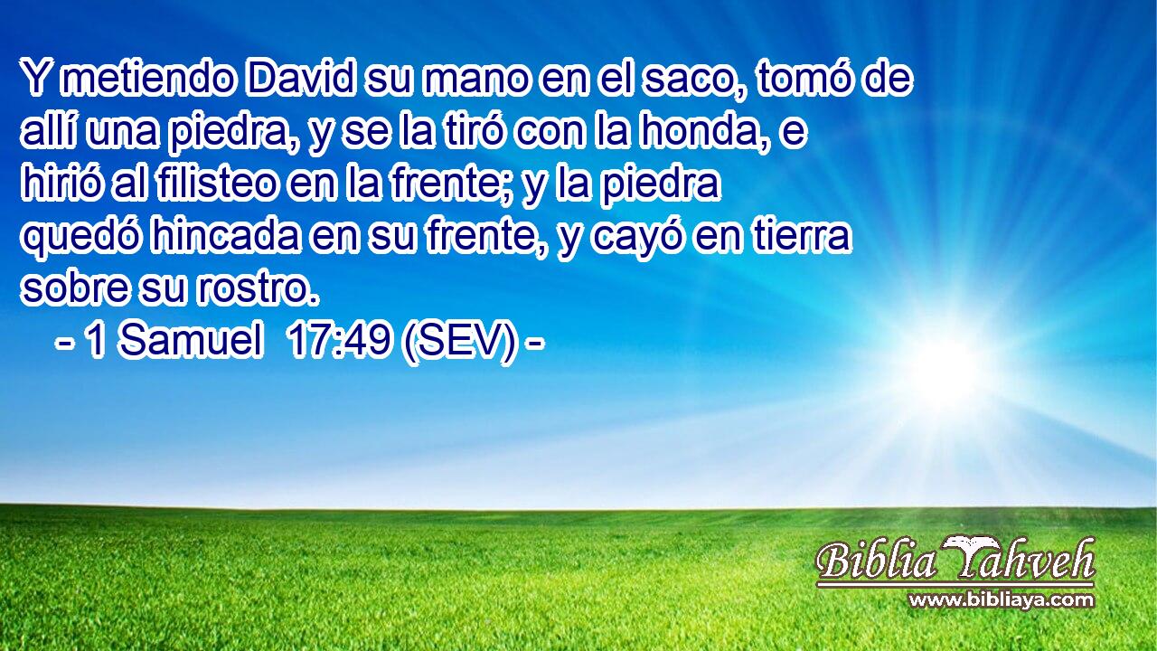 Y metiendo David su mano en el saco, tomó de allí una piedra, y se la tiró con la honda, e hirió al filisteo en la frente; y la piedra quedó hincada en su frente, y cayó en tierra sobre su rostro.
