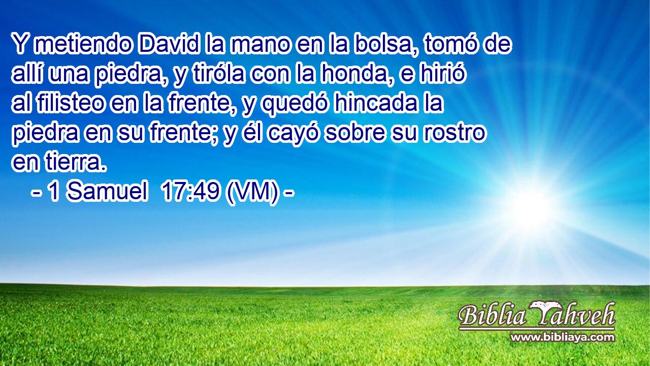  Y metiendo David la mano en la bolsa, tomó de allí una piedra, y tiróla con la honda, e hirió al filisteo en la frente, y quedó hincada la piedra en su frente; y él cayó sobre su rostro en tierra. 