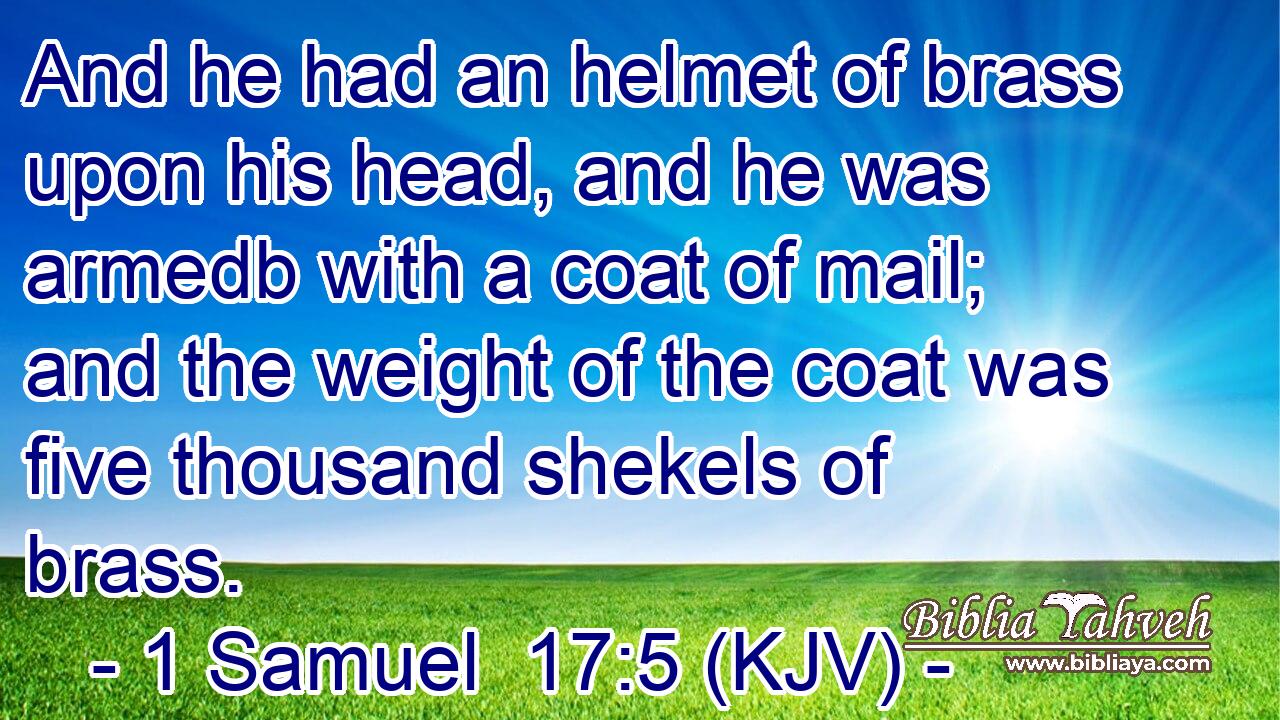 And he had an helmet of brass upon his head, and he was armedb with a coat of mail; and the weight of the coat was five thousand shekels of brass.
