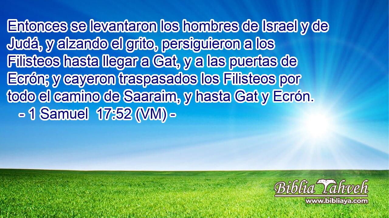  Entonces se levantaron los hombres de Israel y de Judá, y alzando el grito, persiguieron a los Filisteos hasta llegar a Gat, y a las puertas de Ecrón; y cayeron traspasados los Filisteos por todo el camino de Saaraim, y hasta Gat y Ecrón. 