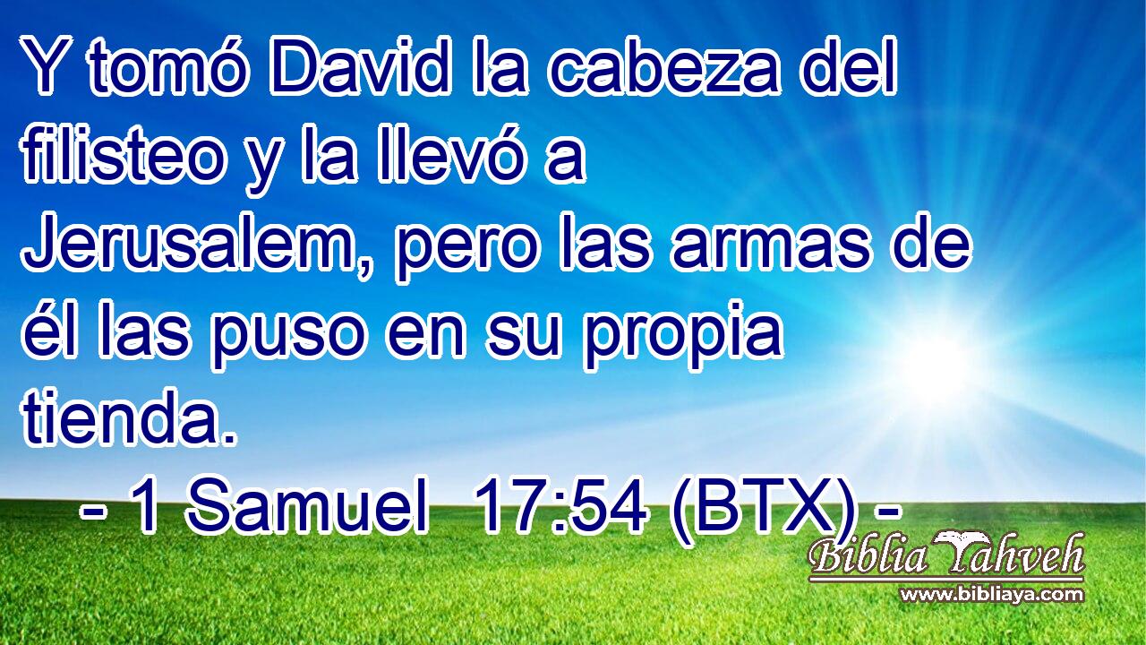 Y tomó David la cabeza del filisteo y la llevó a Jerusalem, pero las armas de él las puso en su propia tienda.