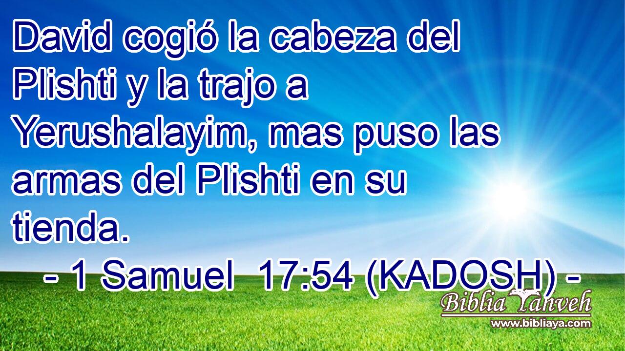 David cogió la cabeza del Plishti y la trajo a Yerushalayim, mas puso las armas del Plishti en su tienda. 