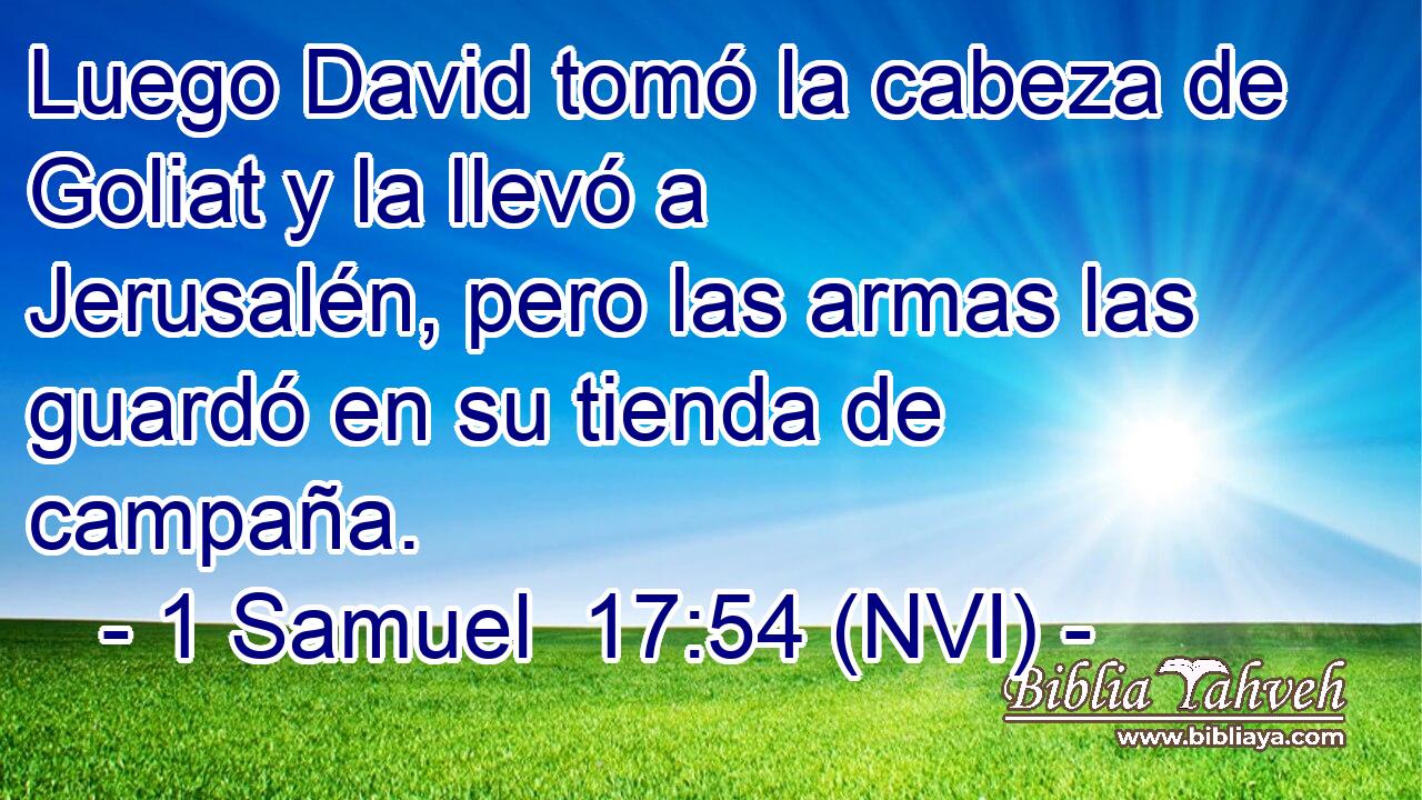 Luego David tomó la cabeza de Goliat y la llevó a Jerusalén, pero las armas las guardó en su tienda de campaña. 