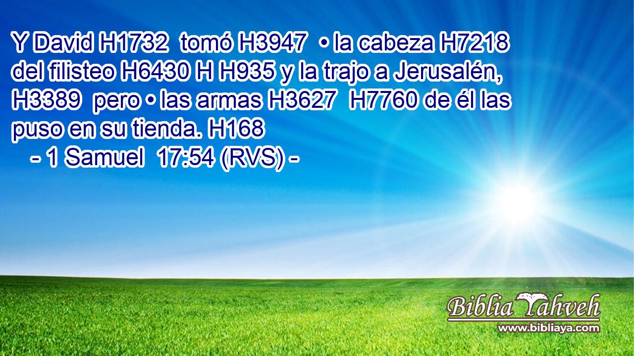 Y David H1732  tomó H3947  • la cabeza H7218  del filisteo H6430 H H935 y la trajo a Jerusalén, H3389  pero • las armas H3627  H7760 de él las puso en su tienda. H168  