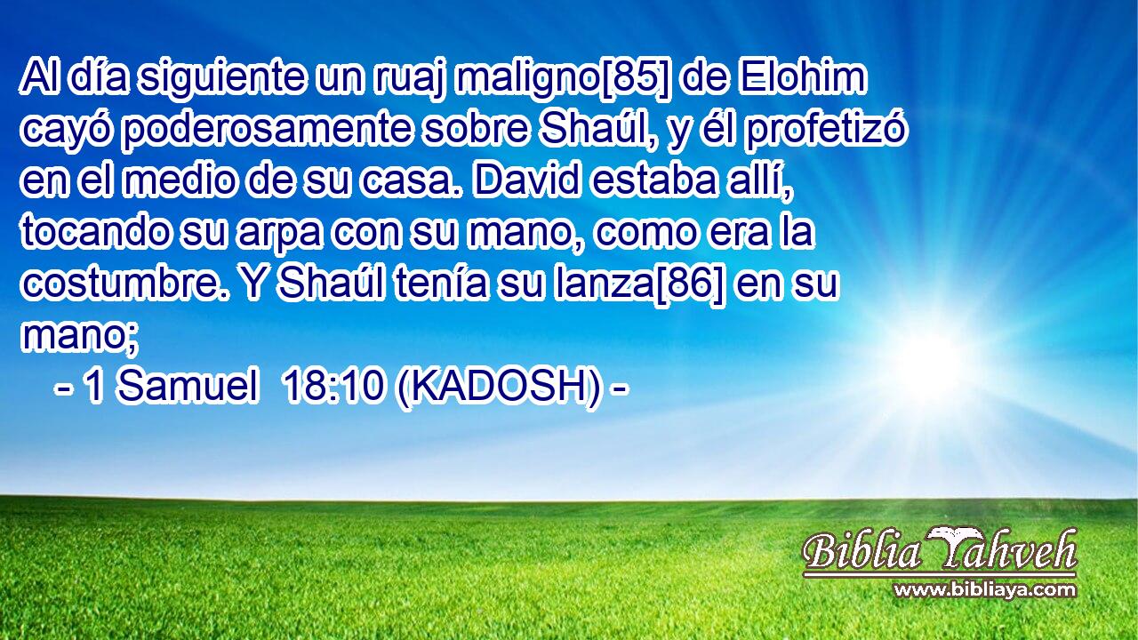  Al día siguiente un ruaj maligno[85] de Elohim cayó poderosamente sobre Shaúl, y él profetizó en el medio de su casa. David estaba allí, tocando su arpa con su mano, como era la costumbre. Y Shaúl tenía su lanza[86] en su mano; 