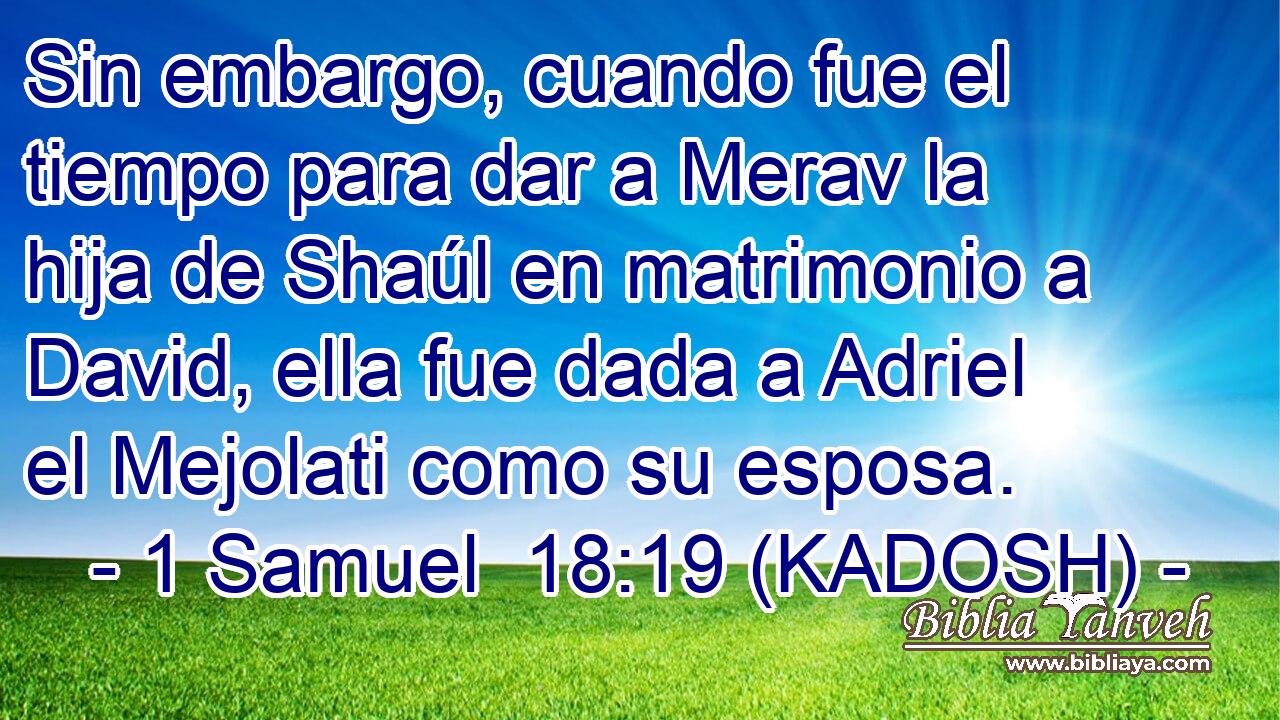  Sin embargo, cuando fue el tiempo para dar a Merav la hija de Shaúl en matrimonio a David, ella fue dada a Adriel el Mejolati como su esposa. 
