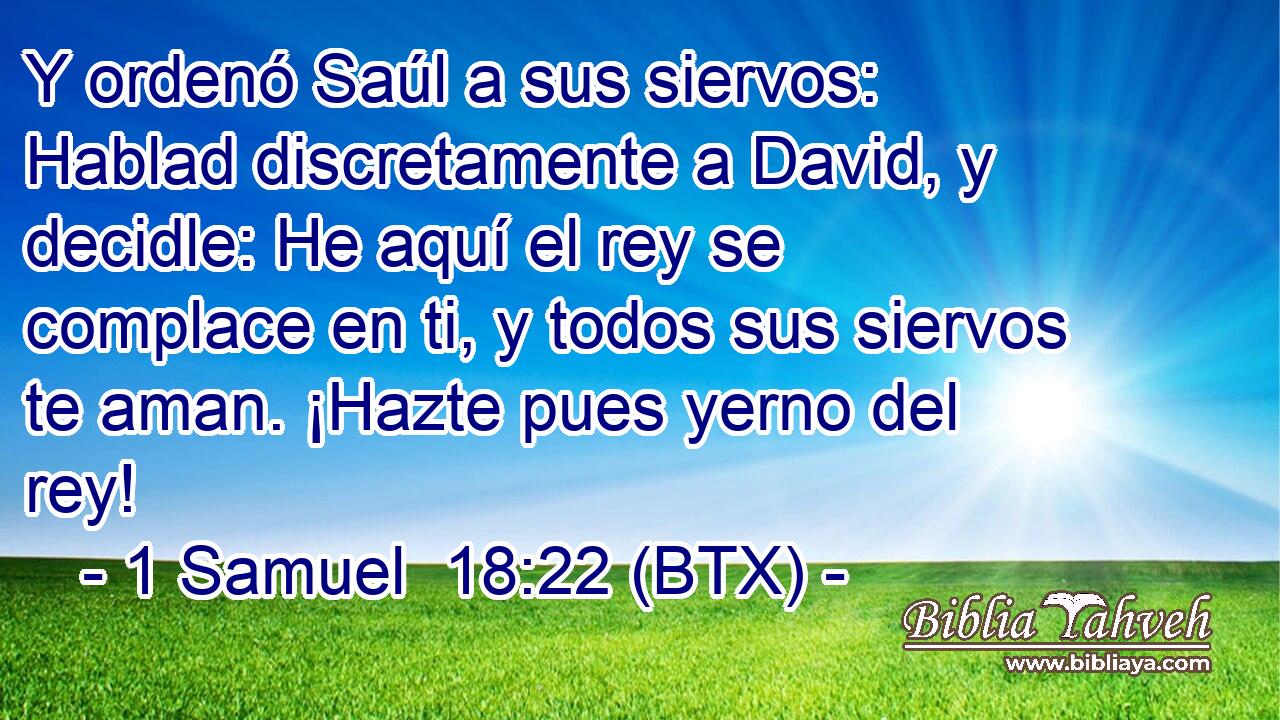 Y ordenó Saúl a sus siervos: Hablad discretamente a David, y decidle: He aquí el rey se complace en ti, y todos sus siervos te aman. ¡Hazte pues yerno del rey!