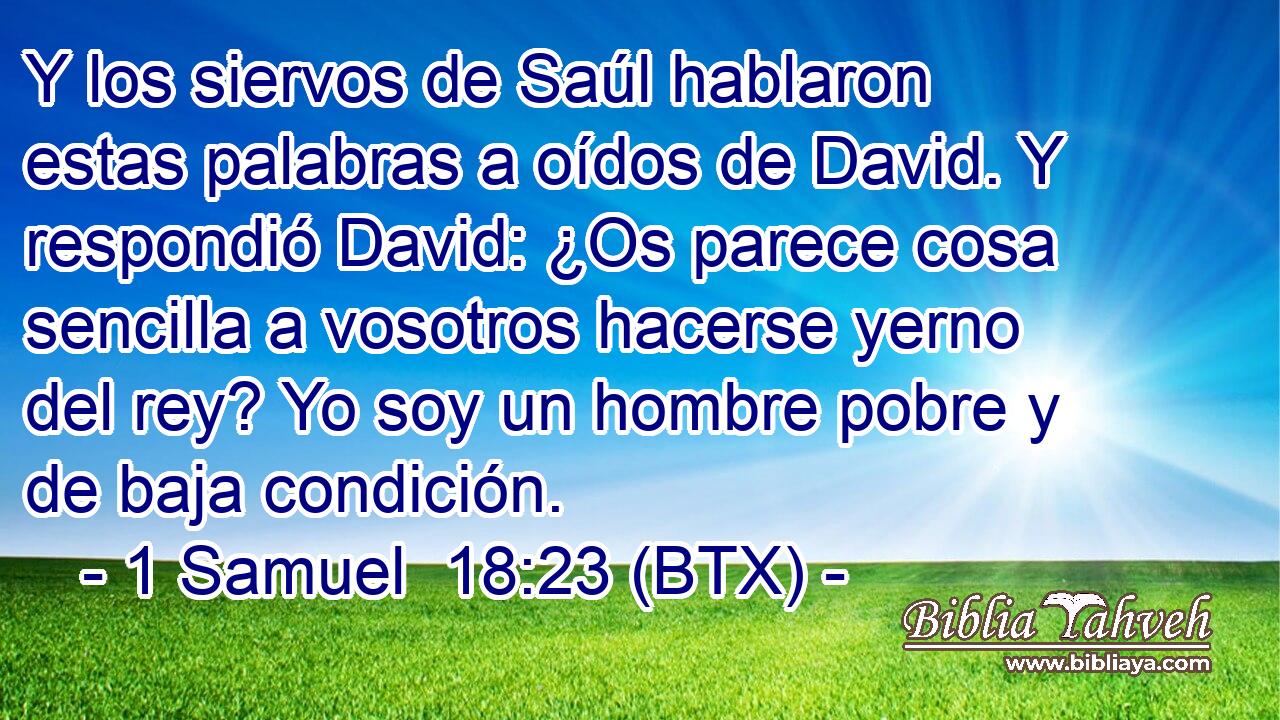 Y los siervos de Saúl hablaron estas palabras a oídos de David. Y respondió David: ¿Os parece cosa sencilla a vosotros hacerse yerno del rey? Yo soy un hombre pobre y de baja condición.