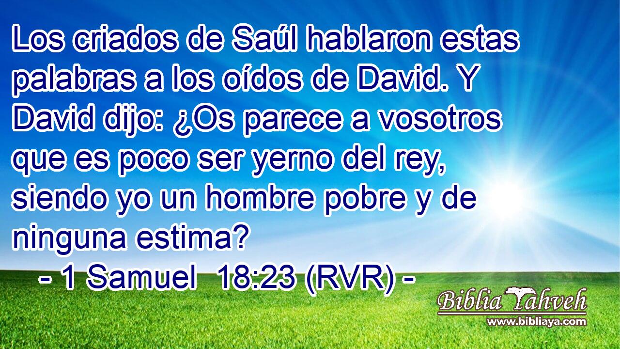 Los criados de Saúl hablaron estas palabras a los oídos de David. Y David dijo: ¿Os parece a vosotros que es poco ser yerno del rey, siendo yo un hombre pobre y de ninguna estima?