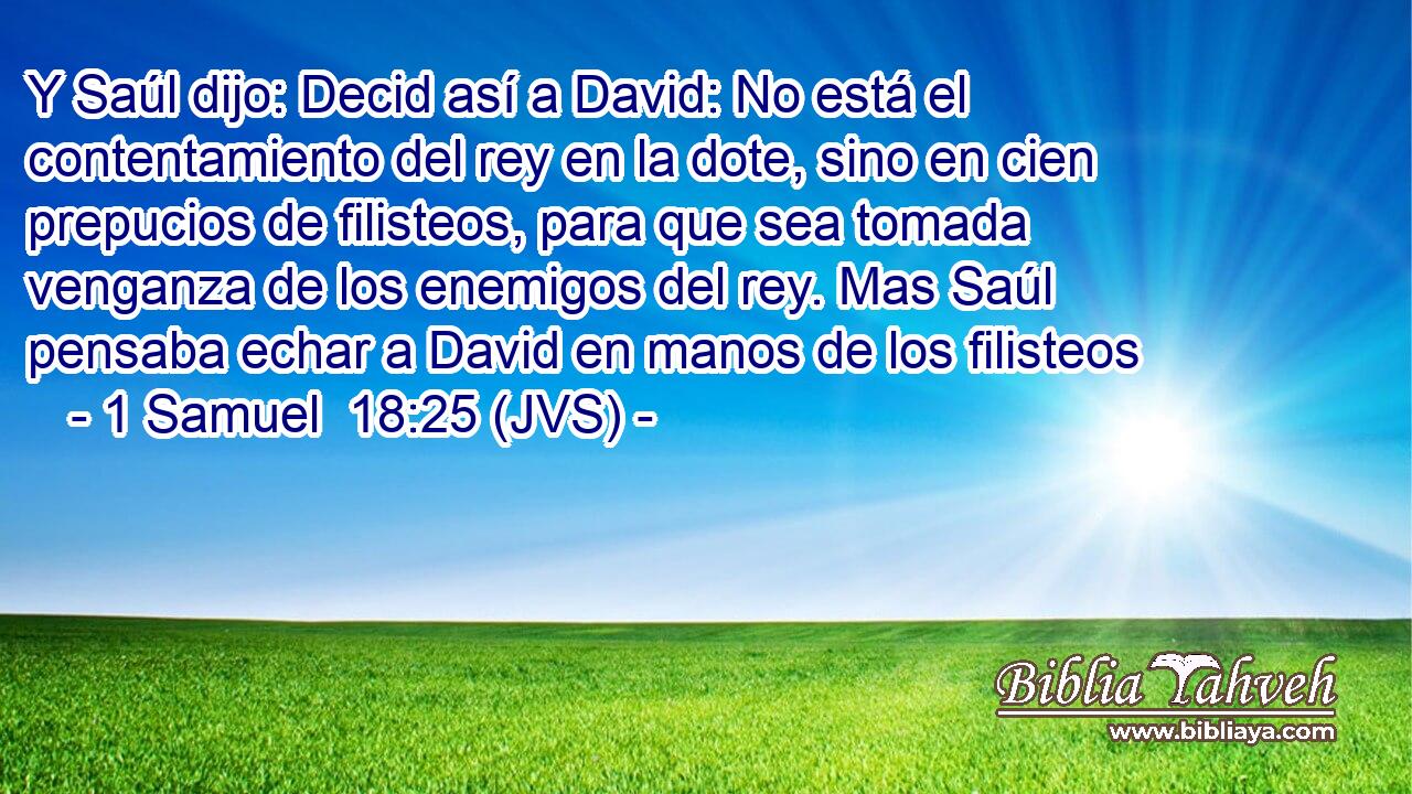 Y Saúl dijo: Decid así a David: No está el contentamiento del rey en la dote, sino en cien prepucios de filisteos, para que sea tomada venganza de los enemigos del rey. Mas Saúl pensaba echar a David en manos de los filisteos