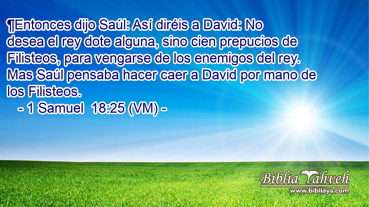  ¶Entonces dijo Saúl: Así diréis a David: No desea el rey dote alguna, sino cien prepucios de Filisteos, para vengarse de los enemigos del rey. Mas Saúl pensaba hacer caer a David por mano de los Filisteos. 