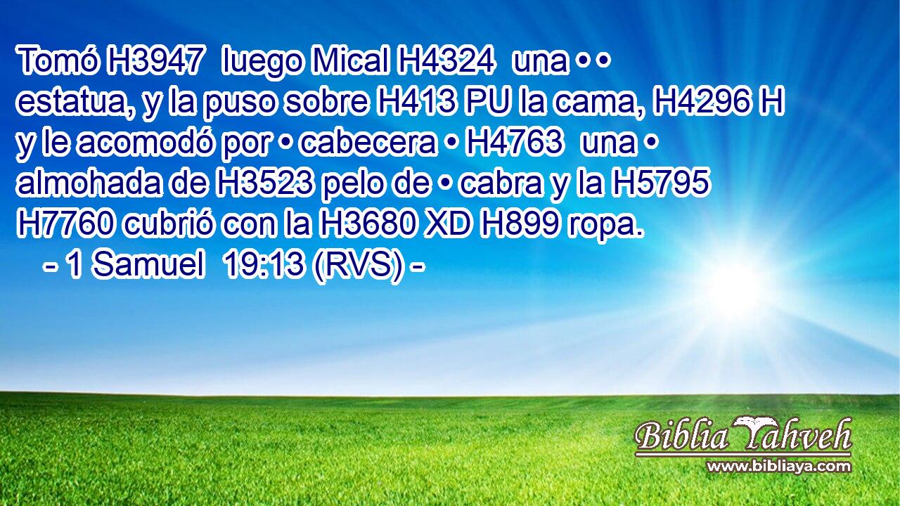 Tomó H3947  luego Mical H4324  una • • estatua, y la puso sobre H413 PU la cama, H4296 H y le acomodó por • cabecera • H4763  una • almohada de H3523 pelo de • cabra y la H5795 H7760 cubrió con la H3680 XD H899 ropa. 