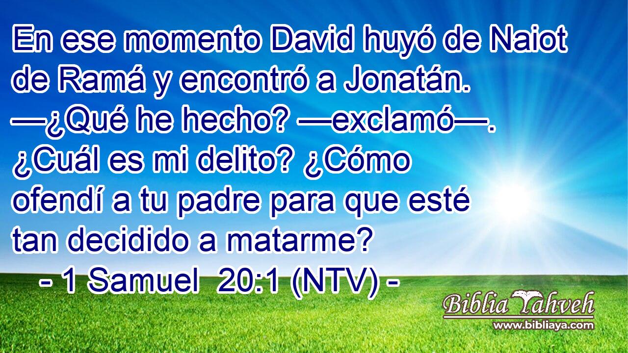 En ese momento David huyó de Naiot de Ramá y encontró a Jonatán. —¿Qué he hecho? —exclamó—. ¿Cuál es mi delito? ¿Cómo ofendí a tu padre para que esté tan decidido a matarme?