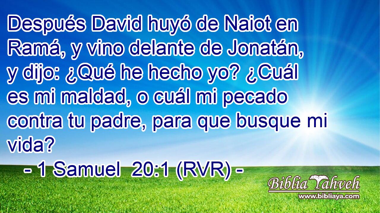 Después David huyó de Naiot en Ramá, y vino delante de Jonatán, y dijo: ¿Qué he hecho yo? ¿Cuál es mi maldad, o cuál mi pecado contra tu padre, para que busque mi vida?