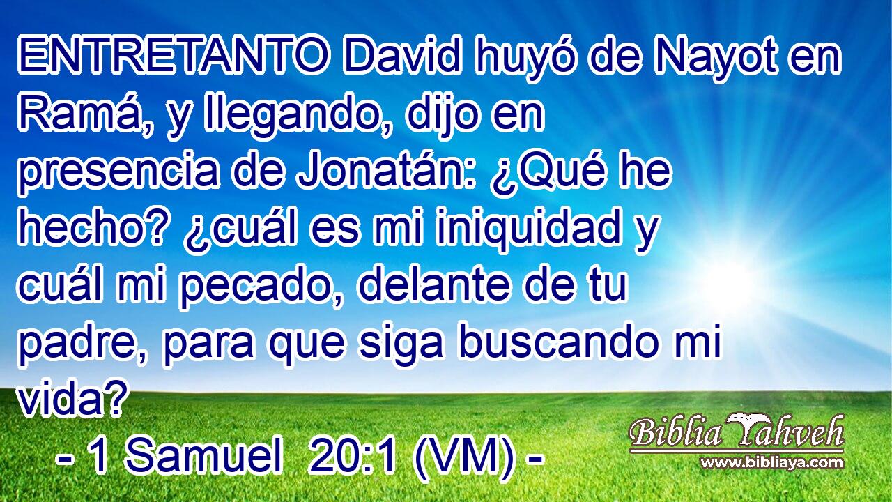  ENTRETANTO David huyó de Nayot en Ramá, y llegando, dijo en presencia de Jonatán: ¿Qué he hecho? ¿cuál es mi iniquidad y cuál mi pecado, delante de tu padre, para que siga buscando mi vida? 