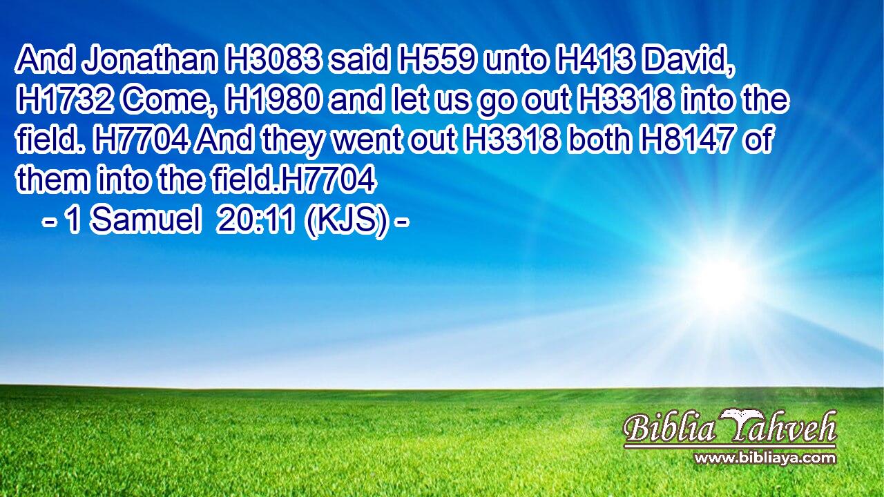 And Jonathan H3083 said H559 unto H413 David, H1732 Come, H1980 and let us go out H3318 into the field. H7704 And they went out H3318 both H8147 of them into the field.H7704