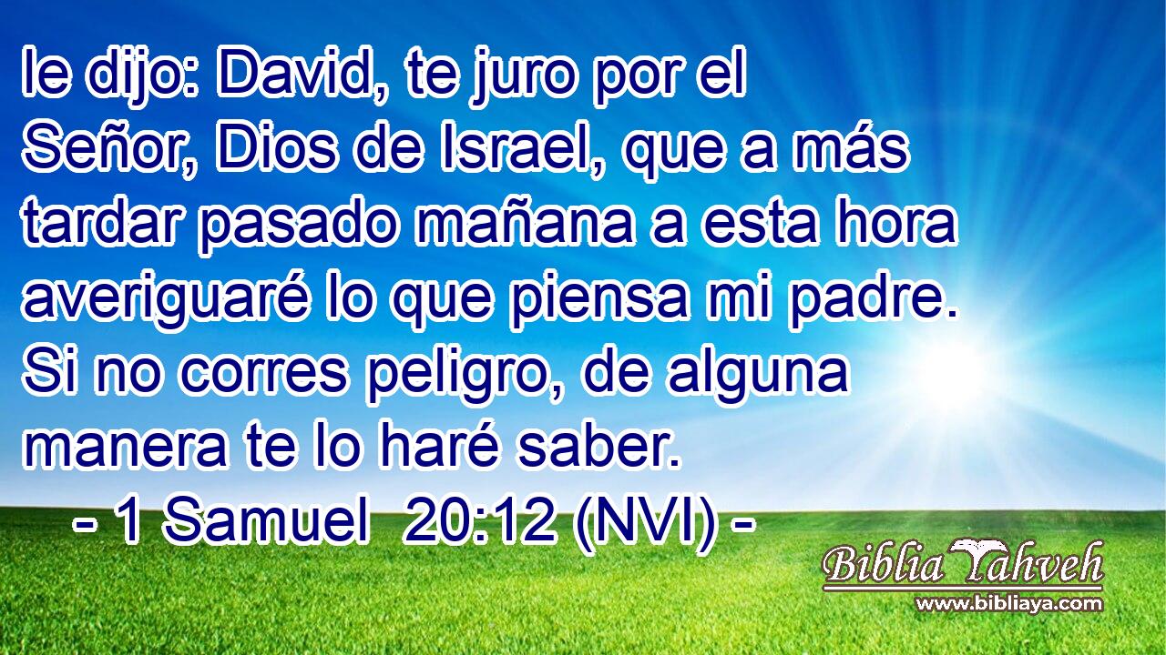  le dijo: David, te juro por el Señor, Dios de Israel, que a más tardar pasado mañana a esta hora averiguaré lo que piensa mi padre. Si no corres peligro, de alguna manera te lo haré saber. 