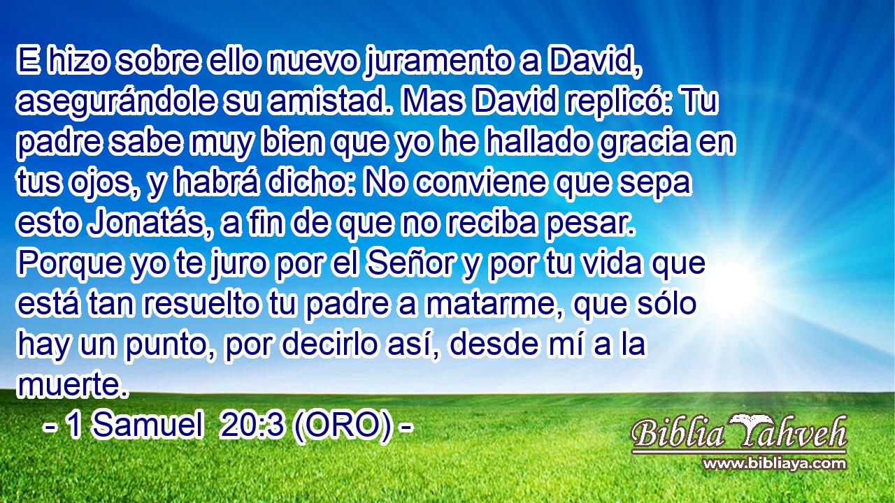  E hizo sobre ello nuevo juramento a David, asegurándole su amistad. Mas David replicó: Tu padre sabe muy bien que yo he hallado gracia en tus ojos, y habrá dicho: No conviene que sepa esto Jonatás, a fin de que no reciba pesar. Porque yo te juro por el Señor y por tu vida que está tan resuelto tu padre a matarme, que sólo hay un punto, por decirlo así, desde mí a la muerte. 