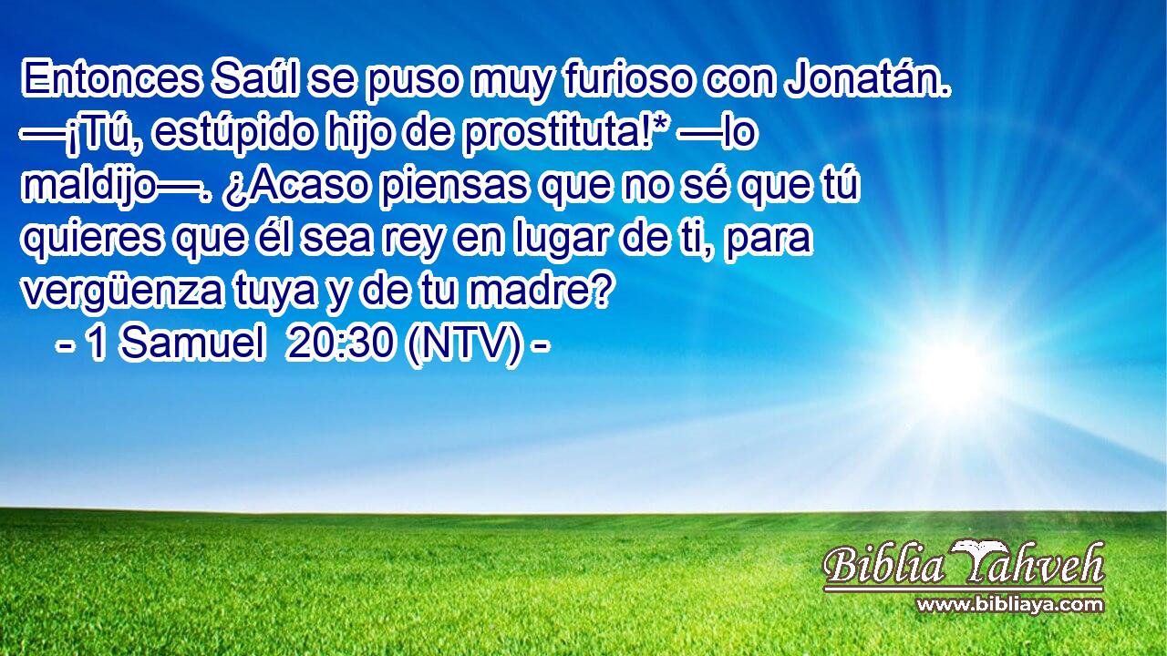 Entonces Saúl se puso muy furioso con Jonatán. —¡Tú, estúpido hijo de prostituta!* —lo maldijo—. ¿Acaso piensas que no sé que tú quieres que él sea rey en lugar de ti, para vergüenza tuya y de tu madre?