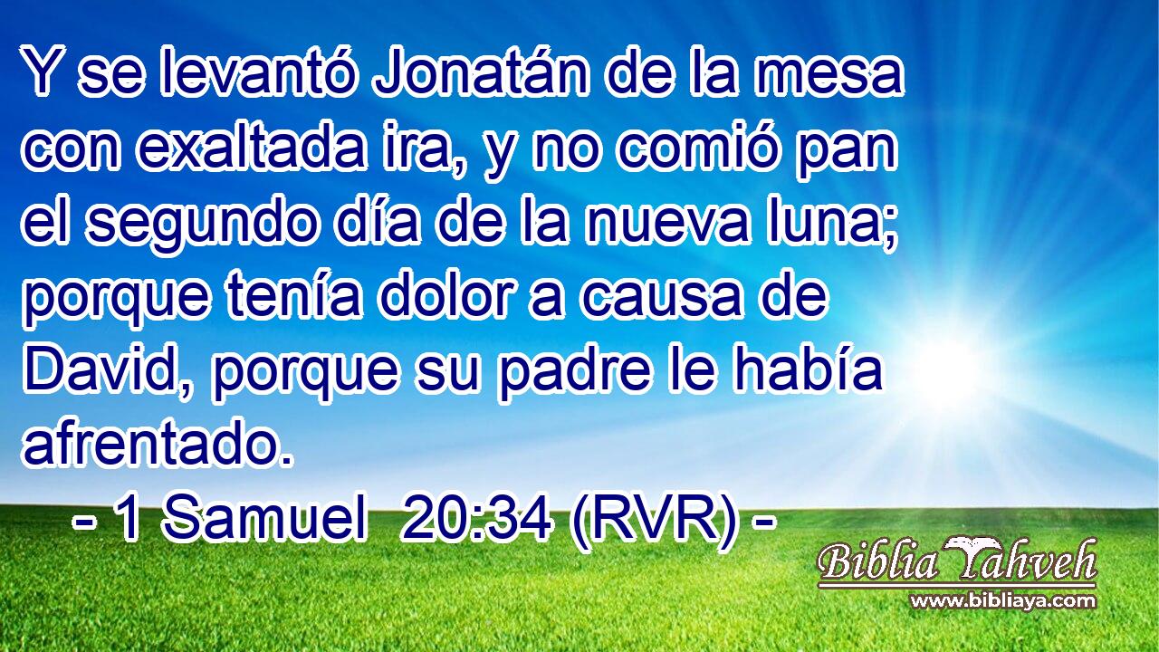 Y se levantó Jonatán de la mesa con exaltada ira, y no comió pan el segundo día de la nueva luna; porque tenía dolor a causa de David, porque su padre le había afrentado.