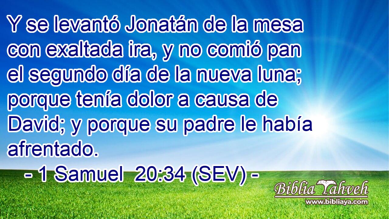 Y se levantó Jonatán de la mesa con exaltada ira, y no comió pan el segundo día de la nueva luna; porque tenía dolor a causa de David; y porque su padre le había afrentado.