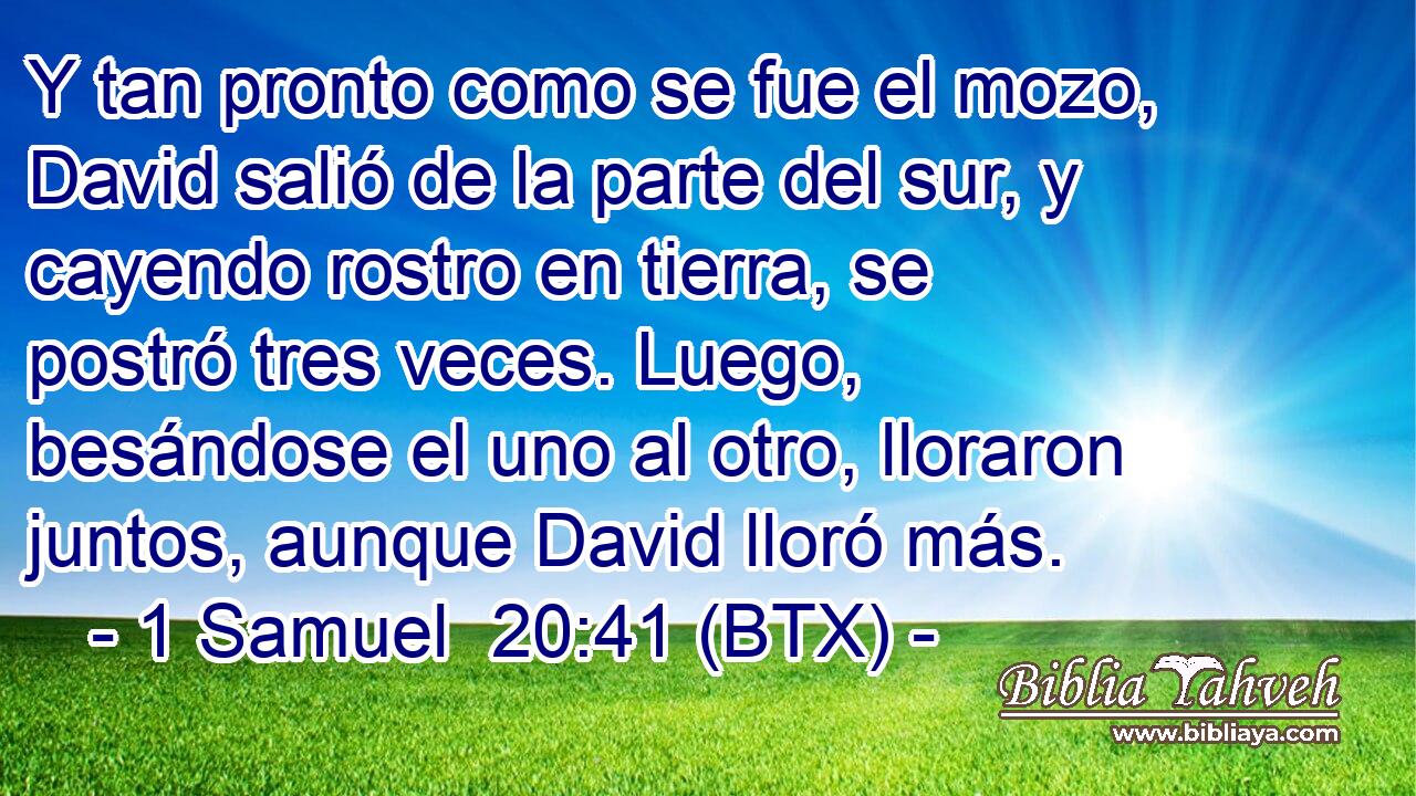Y tan pronto como se fue el mozo, David salió de la parte del sur, y cayendo rostro en tierra, se postró tres veces. Luego, besándose el uno al otro, lloraron juntos, aunque David lloró más.