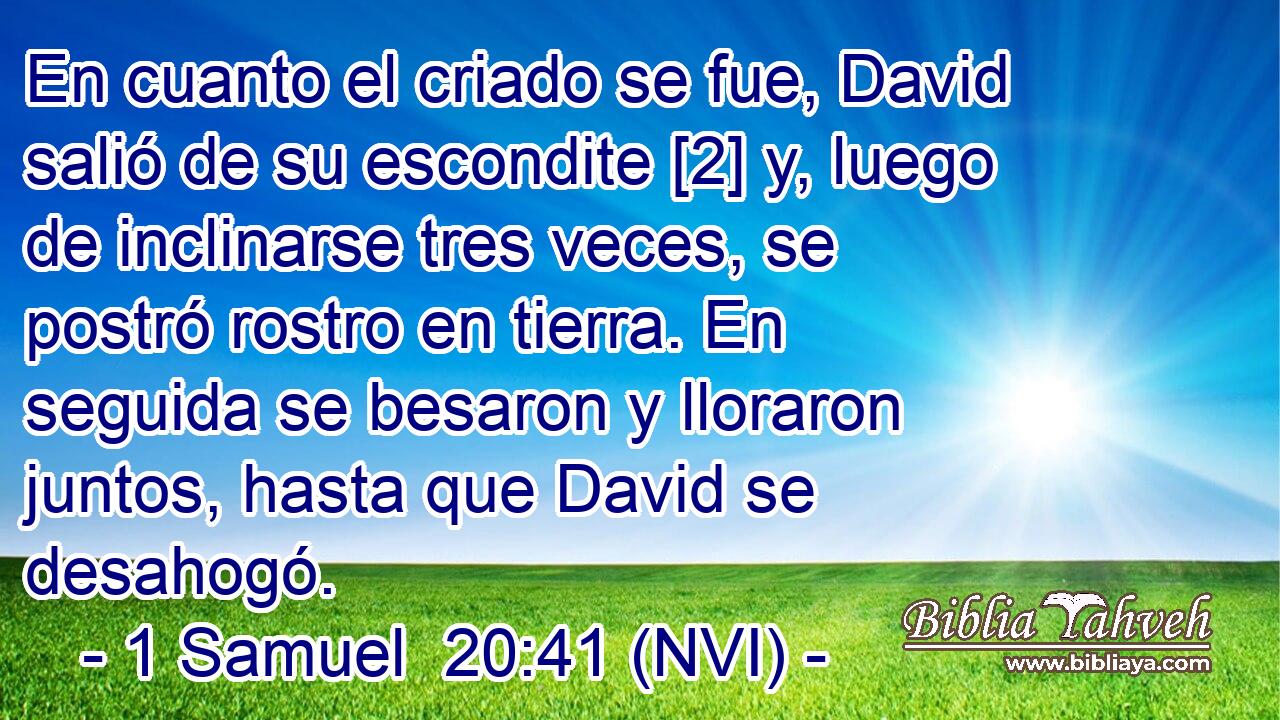  En cuanto el criado se fue, David salió de su escondite [2] y, luego de inclinarse tres veces, se postró rostro en tierra. En seguida se besaron y lloraron juntos, hasta que David se desahogó. 