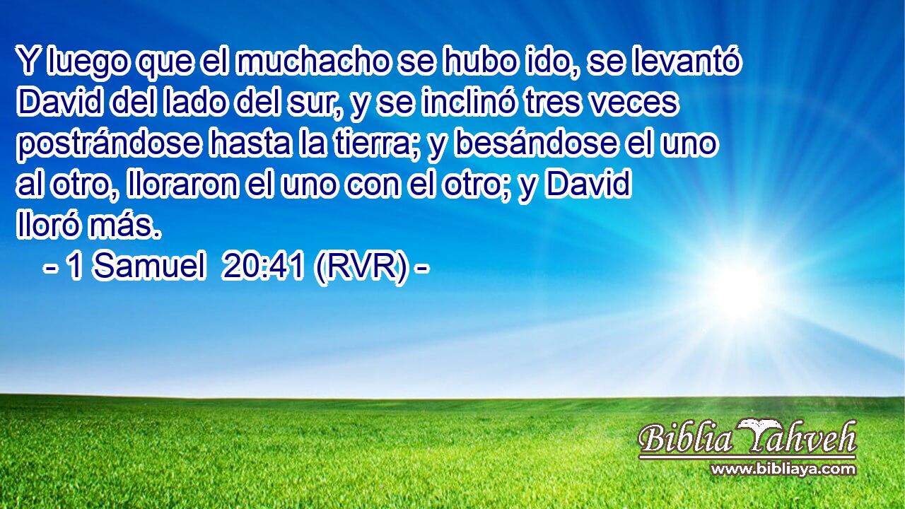 Y luego que el muchacho se hubo ido, se levantó David del lado del sur, y se inclinó tres veces postrándose hasta la tierra; y besándose el uno al otro, lloraron el uno con el otro; y David lloró más.