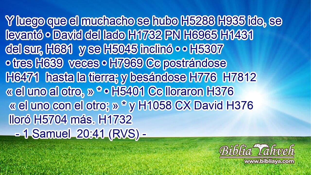 Y luego que el muchacho se hubo H5288 H935 ido, se levantó • David del lado H1732 PN H6965 H1431 del sur, H681  y se H5045 inclinó • • H5307  • tres H639  veces • H7969 Cc postrándose H6471  hasta la tierra; y besándose H776  H7812 « el uno al otro, » * • H5401 Cc lloraron H376  « el uno con el otro; » * y H1058 CX David H376  lloró H5704 más. H1732  