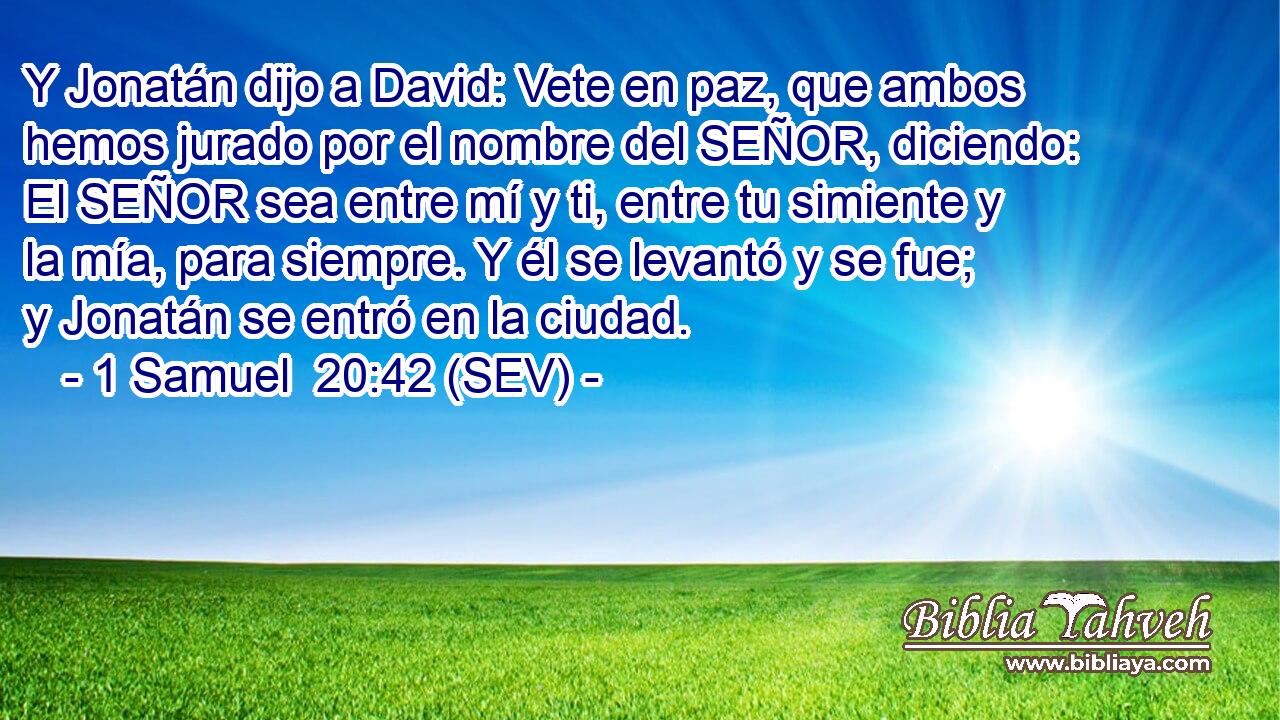 Y Jonatán dijo a David: Vete en paz, que ambos hemos jurado por el nombre del SEÑOR, diciendo: El SEÑOR sea entre mí y ti, entre tu simiente y la mía, para siempre. Y él se levantó y se fue; y Jonatán se entró en la ciudad.