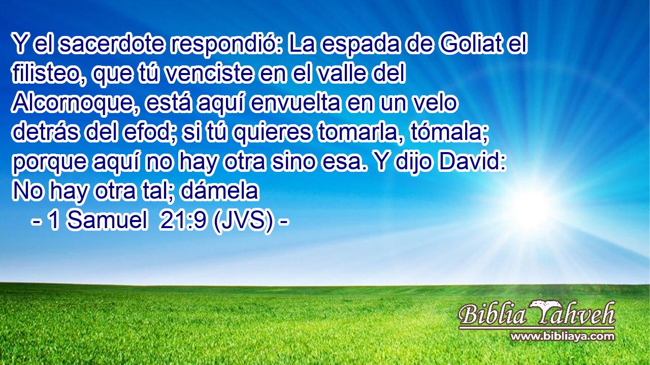 Y el sacerdote respondió: La espada de Goliat el filisteo, que tú venciste en el valle del Alcornoque, está aquí envuelta en un velo detrás del efod; si tú quieres tomarla, tómala; porque aquí no hay otra sino esa. Y dijo David: No hay otra tal; dámela