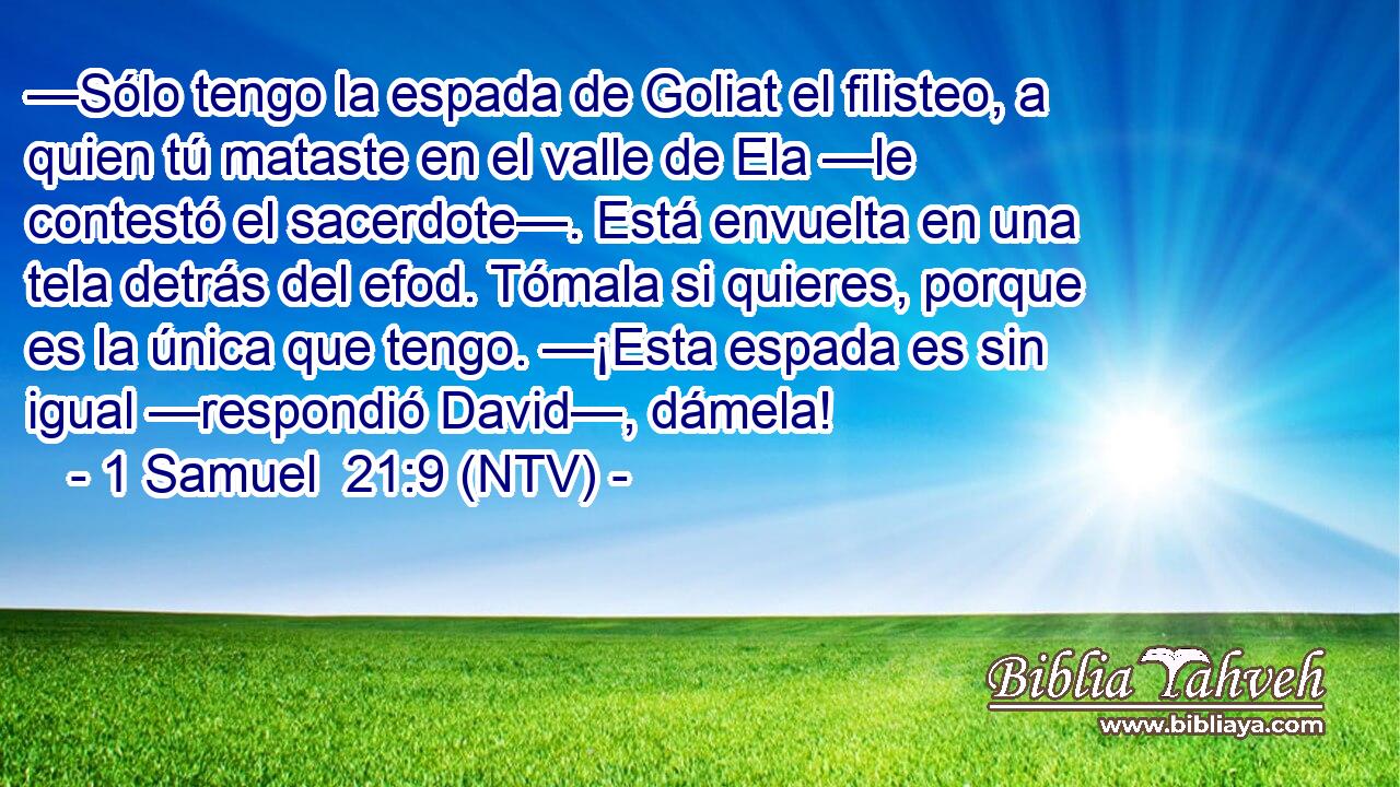 —Sólo tengo la espada de Goliat el filisteo, a quien tú mataste en el valle de Ela —le contestó el sacerdote—. Está envuelta en una tela detrás del efod. Tómala si quieres, porque es la única que tengo. —¡Esta espada es sin igual —respondió David—, dámela!