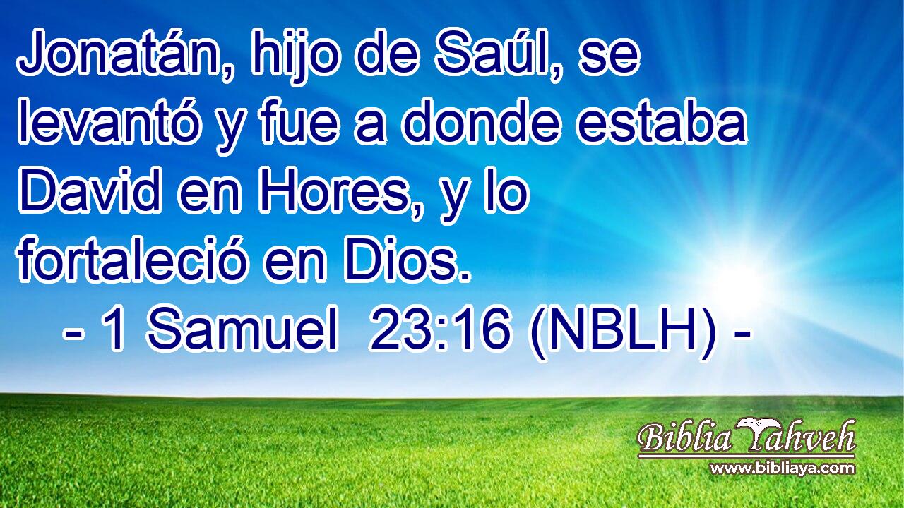  Jonatán, hijo de Saúl, se levantó y fue a donde estaba David en Hores, y lo fortaleció en Dios. 