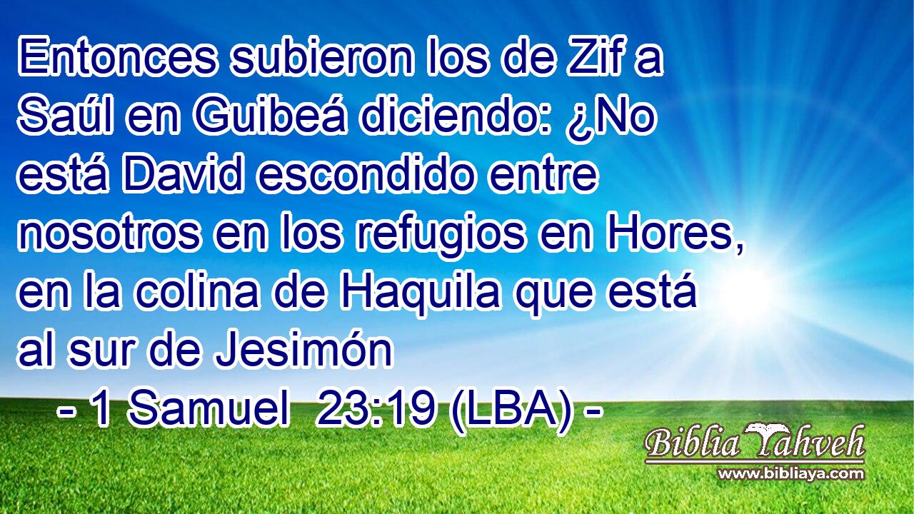Entonces subieron los de Zif a Saúl en Guibeá diciendo: ¿No está David escondido entre nosotros en los refugios en Hores, en la colina de Haquila que está al sur de Jesimón