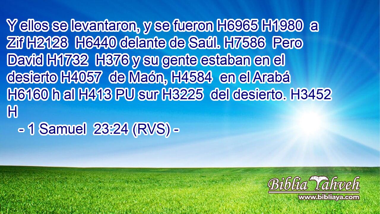 Y ellos se levantaron, y se fueron H6965 H1980  a Zif H2128  H6440 delante de Saúl. H7586  Pero David H1732  H376 y su gente estaban en el desierto H4057  de Maón, H4584  en el Arabá H6160 h al H413 PU sur H3225  del desierto. H3452 H 