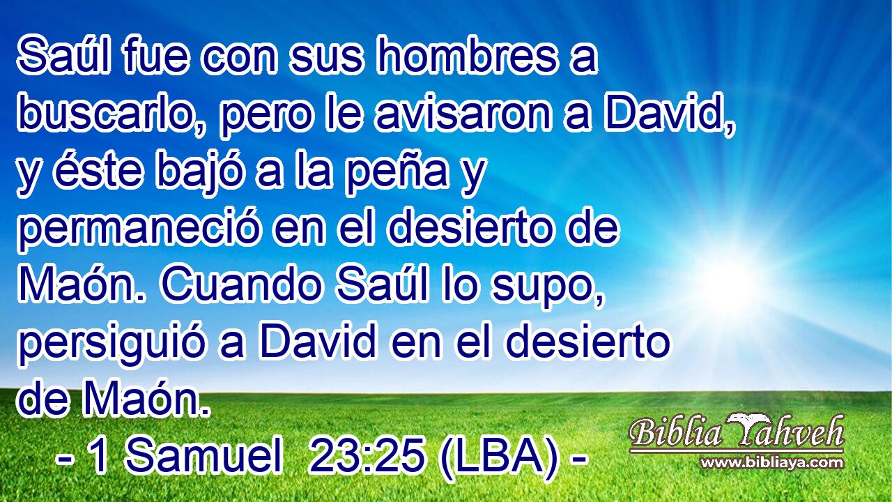 Saúl fue con sus hombres a buscarlo, pero le avisaron a David, y éste bajó a la peña y permaneció en el desierto de Maón. Cuando Saúl lo supo, persiguió a David en el desierto de Maón.