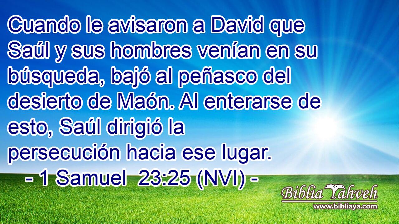  Cuando le avisaron a David que Saúl y sus hombres venían en su búsqueda, bajó al peñasco del desierto de Maón. Al enterarse de esto, Saúl dirigió la persecución hacia ese lugar. 
