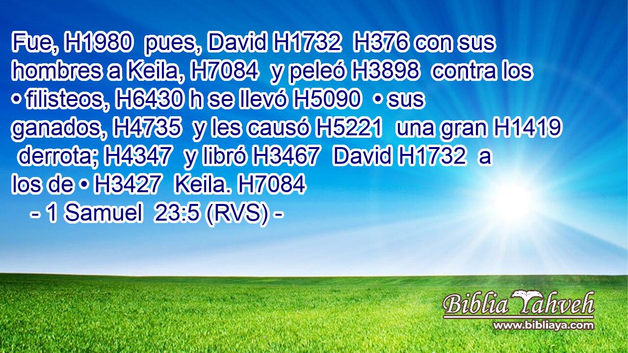 Fue, H1980  pues, David H1732  H376 con sus hombres a Keila, H7084  y peleó H3898  contra los • filisteos, H6430 h se llevó H5090  • sus ganados, H4735  y les causó H5221  una gran H1419  derrota; H4347  y libró H3467  David H1732  a los de • H3427  Keila. H7084  