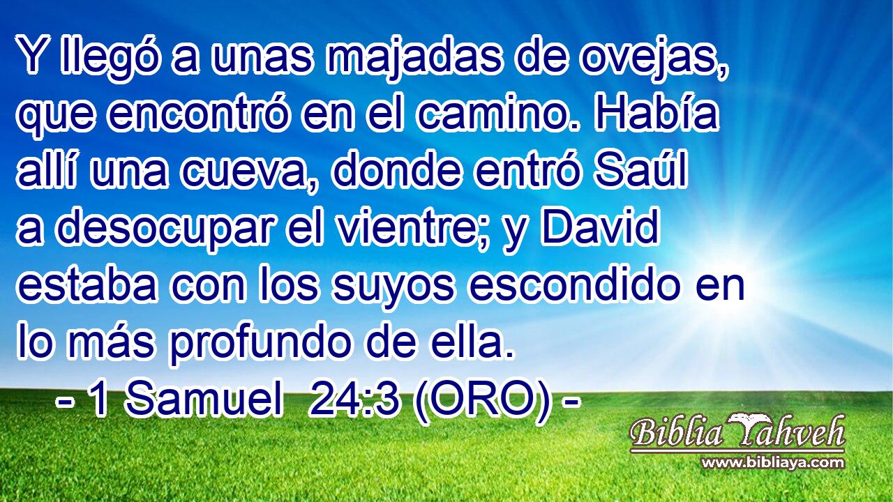  Y llegó a unas majadas de ovejas, que encontró en el camino. Había allí una cueva, donde entró Saúl a desocupar el vientre; y David estaba con los suyos escondido en lo más profundo de ella. 
