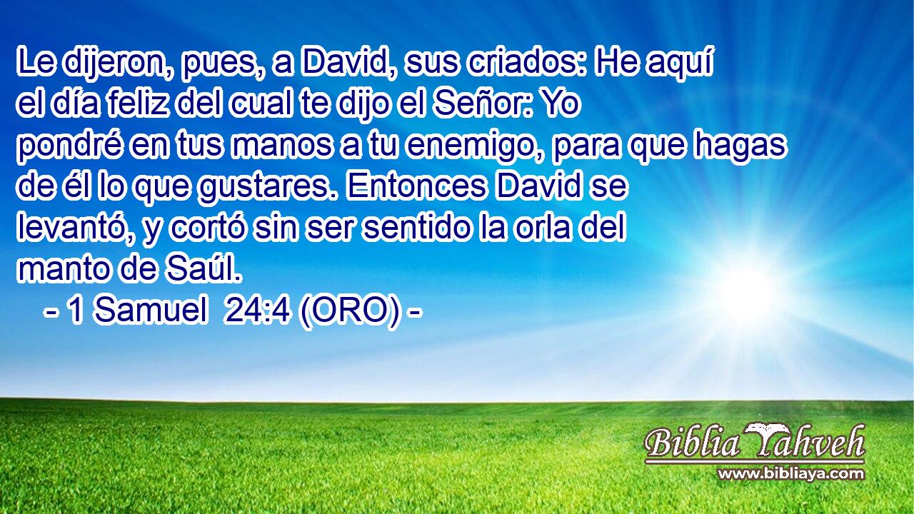  Le dijeron, pues, a David, sus criados: He aquí el día feliz del cual te dijo el Señor: Yo pondré en tus manos a tu enemigo, para que hagas de él lo que gustares. Entonces David se levantó, y cortó sin ser sentido la orla del manto de Saúl. 