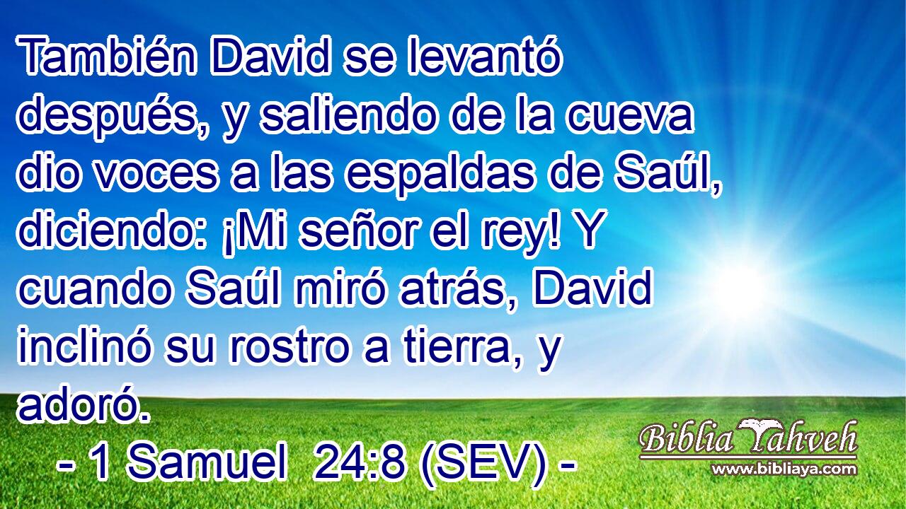 También David se levantó después, y saliendo de la cueva dio voces a las espaldas de Saúl, diciendo: ¡Mi señor el rey! Y cuando Saúl miró atrás, David inclinó su rostro a tierra, y adoró.