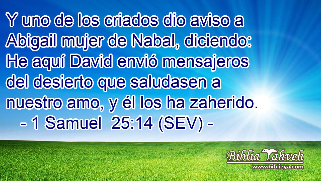 Y uno de los criados dio aviso a Abigail mujer de Nabal, diciendo: He aquí David envió mensajeros del desierto que saludasen a nuestro amo, y él los ha zaherido.