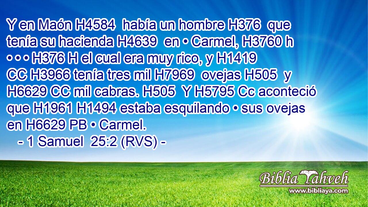 Y en Maón H4584  había un hombre H376  que tenía su hacienda H4639  en • Carmel, H3760 h • • • H376 H el cual era muy rico, y H1419 CC H3966 tenía tres mil H7969  ovejas H505  y H6629 CC mil cabras. H505  Y H5795 Cc aconteció que H1961 H1494 estaba esquilando • sus ovejas en H6629 PB • Carmel. 