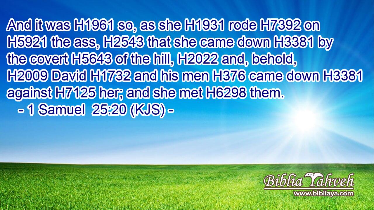 And it was H1961 so, as she H1931 rode H7392 on H5921 the ass, H2543 that she came down H3381 by the covert H5643 of the hill, H2022 and, behold, H2009 David H1732 and his men H376 came down H3381 against H7125 her; and she met H6298 them.
