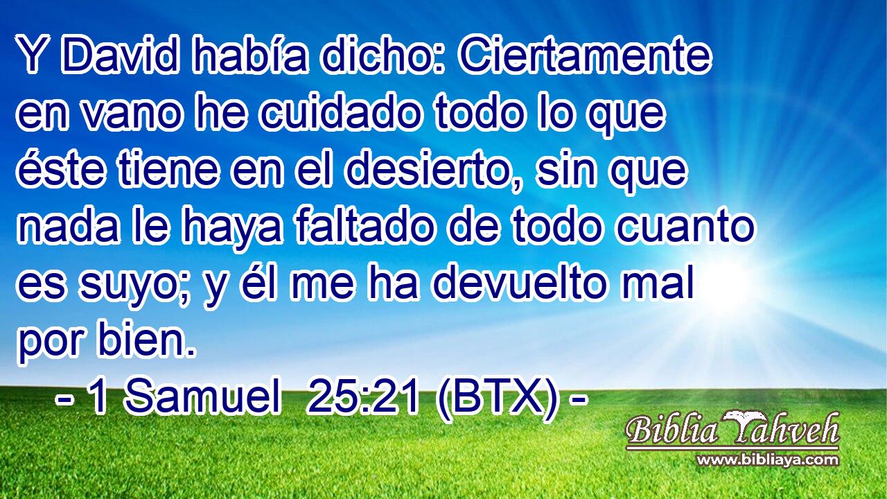 Y David había dicho: Ciertamente en vano he cuidado todo lo que éste tiene en el desierto, sin que nada le haya faltado de todo cuanto es suyo; y él me ha devuelto mal por bien.
