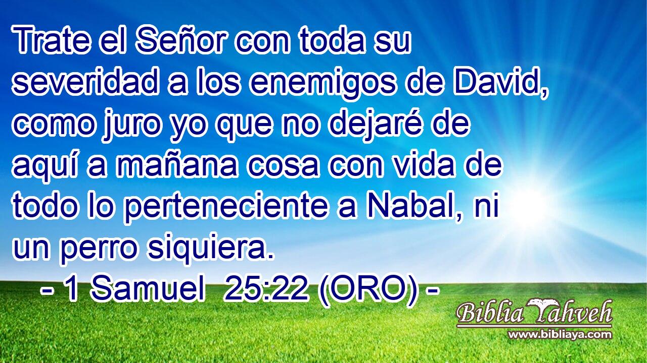  Trate el Señor con toda su severidad a los enemigos de David, como juro yo que no dejaré de aquí a mañana cosa con vida de todo lo perteneciente a Nabal, ni un perro siquiera. 