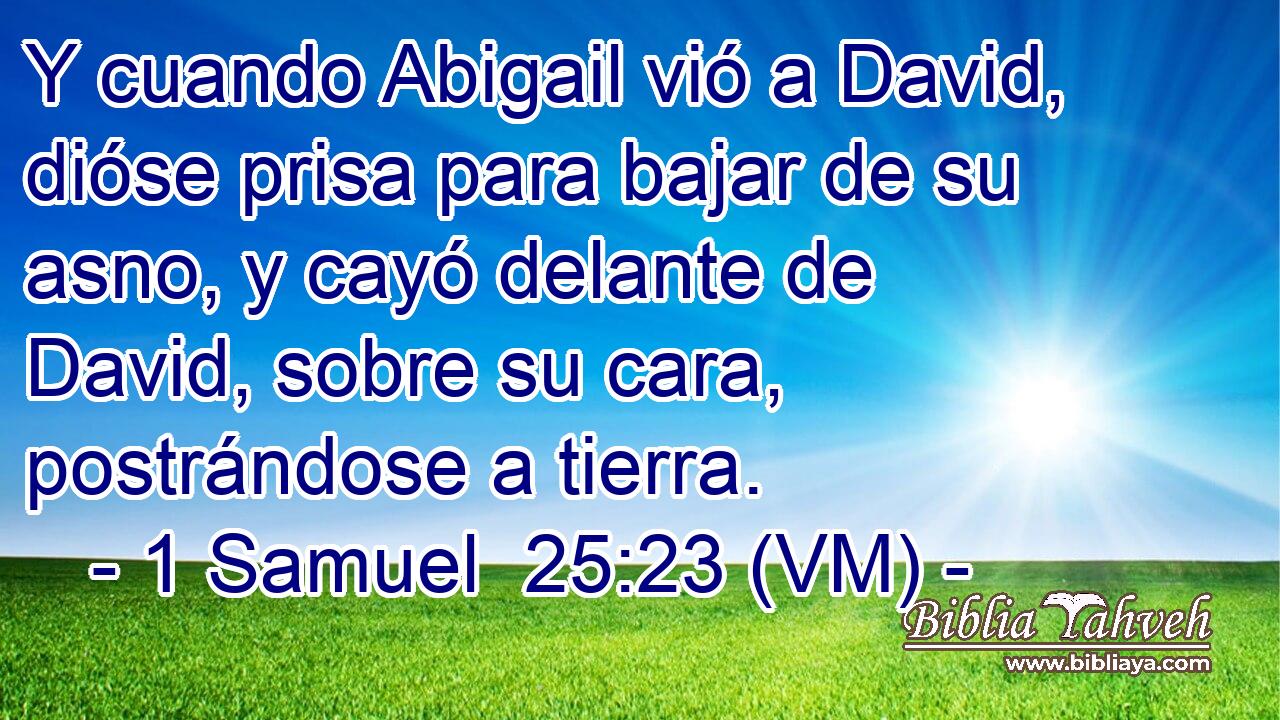  Y cuando Abigail vió a David, dióse prisa para bajar de su asno, y cayó delante de David, sobre su cara, postrándose a tierra. 